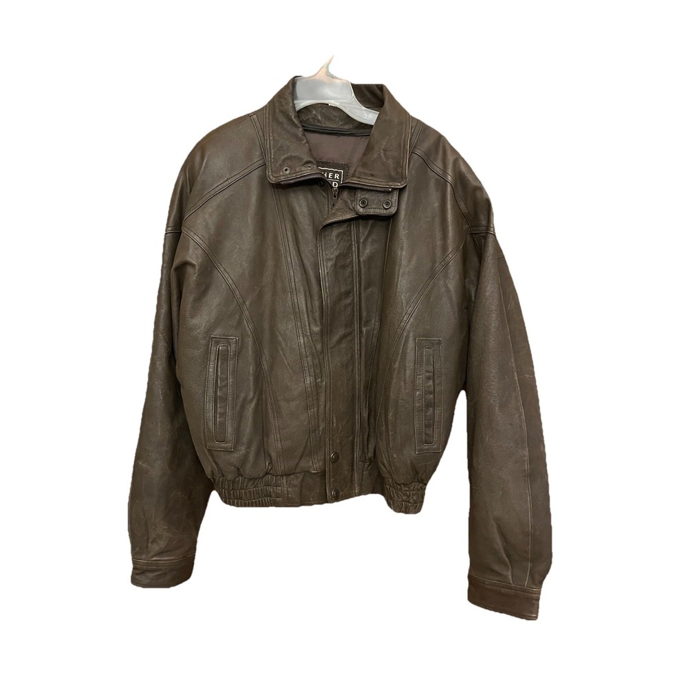 Leather Limited Men's Size L Brown Leather Bomber Jacket Zips & Snaps Zip Front